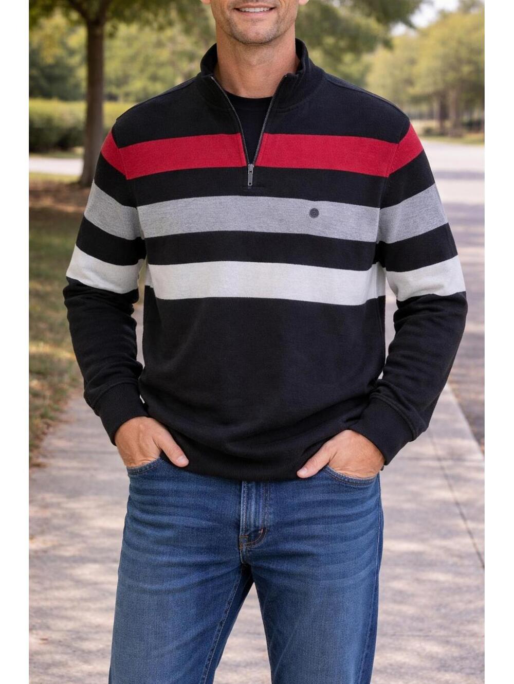 New Chaps Ralph Lauren Mens Black Red Striped 1/4 Zip Long Sleeve Small